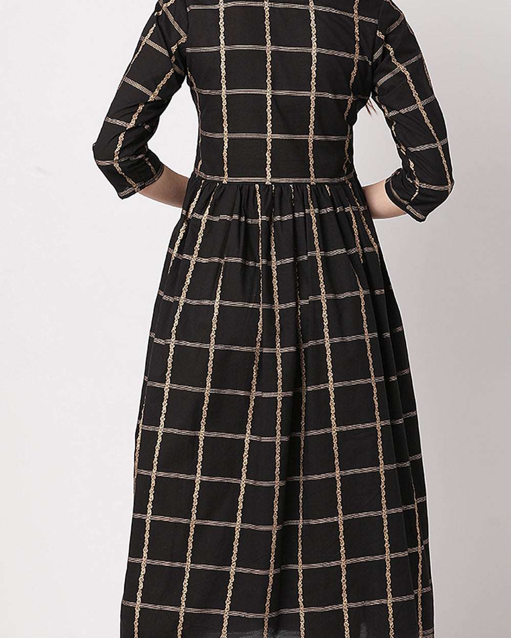 Black With Golden Striped Hand block Printed Cotton Dress