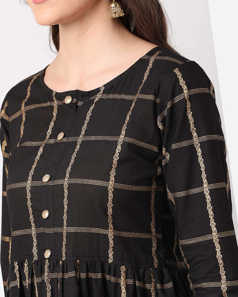 Black With Golden Striped Hand block Printed Cotton Dress