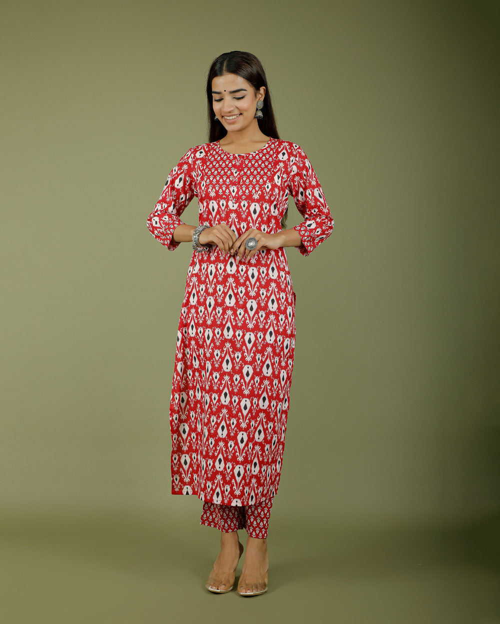 Copy of Apple Red Abstract Hand block Printed Cotton Kurti Pant Set