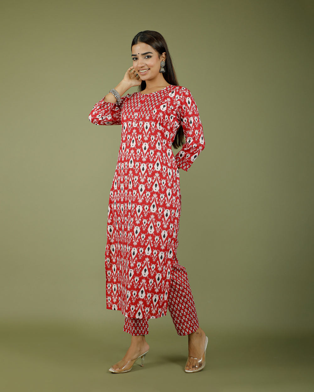 Copy of Apple Red Abstract Hand block Printed Cotton Kurti Pant Set