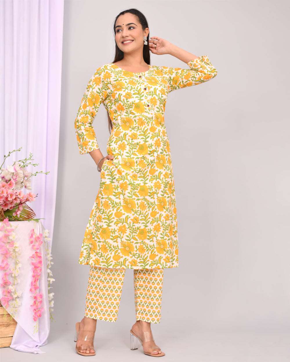Yellow Floral Hand block Printed Cotton Kurti Pant Set – Fabru