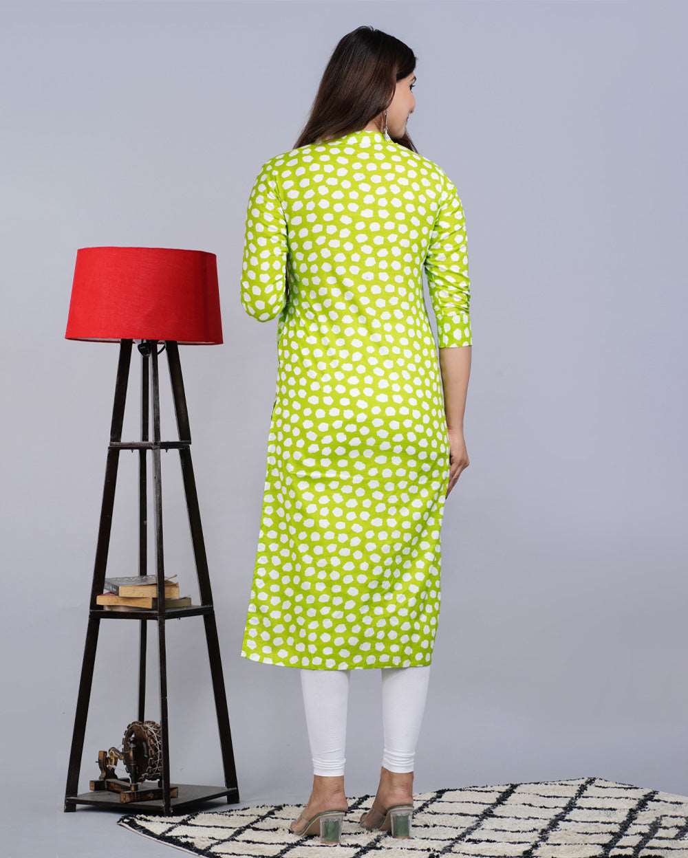 Lawn Green Block Printed Knee Length Cotton Kurti