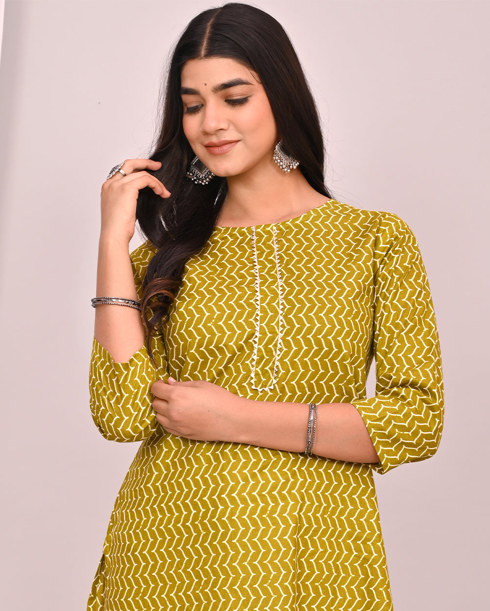 Golden Green Block Printed Knee Length Cotton Kurti