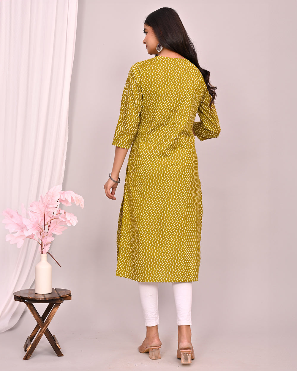 Golden Green Block Printed Knee Length Cotton Kurti