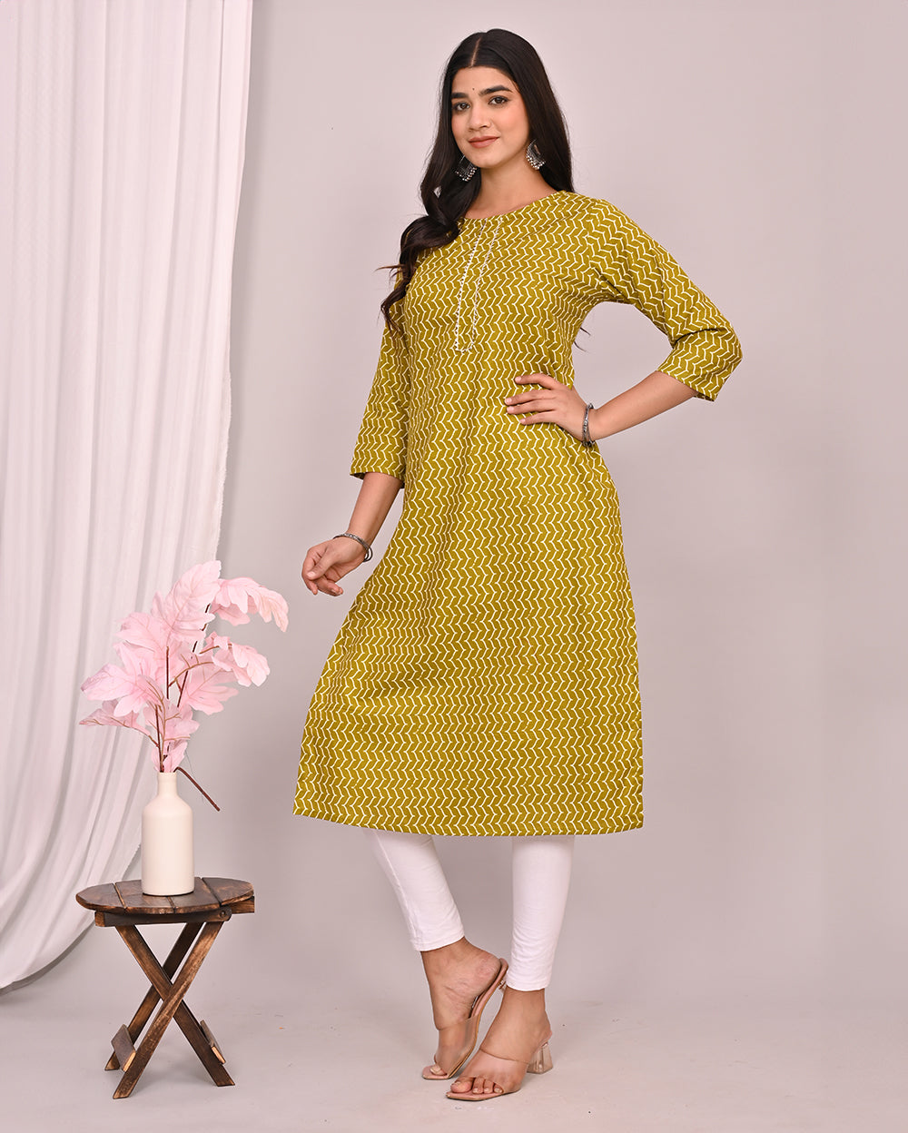 Golden Green Block Printed Knee Length Cotton Kurti
