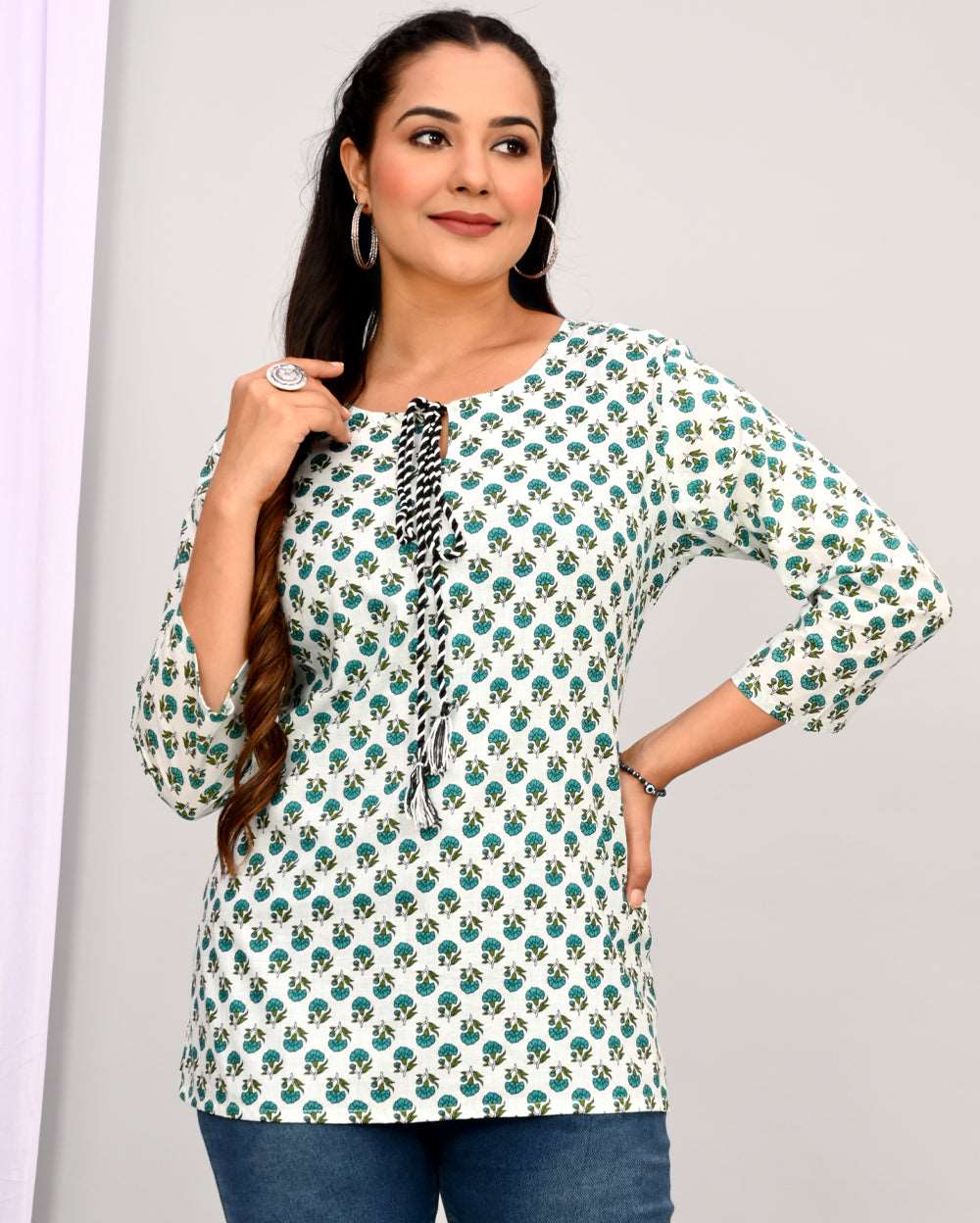 White Teal Blue Buti Block Printed Short Kurti/Top