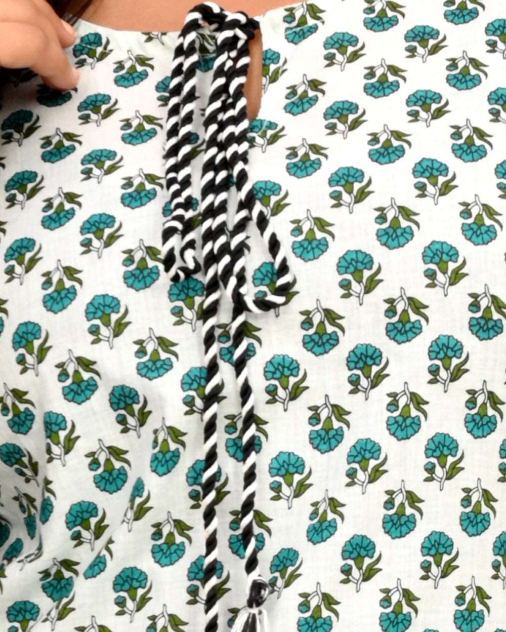 White Teal Blue Buti Block Printed Short Kurti/Top