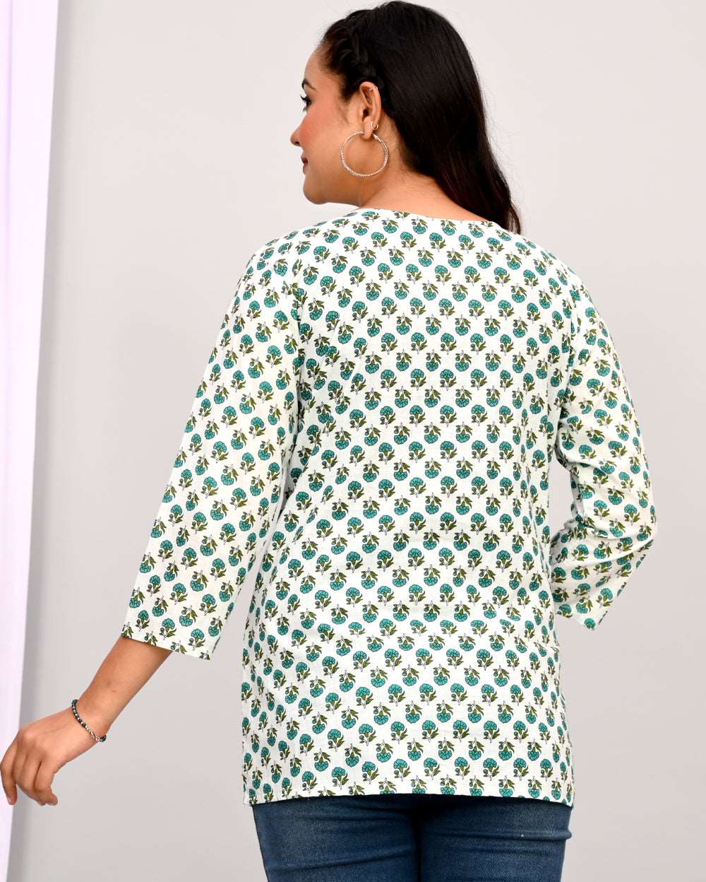 White Teal Blue Buti Block Printed Short Kurti/Top