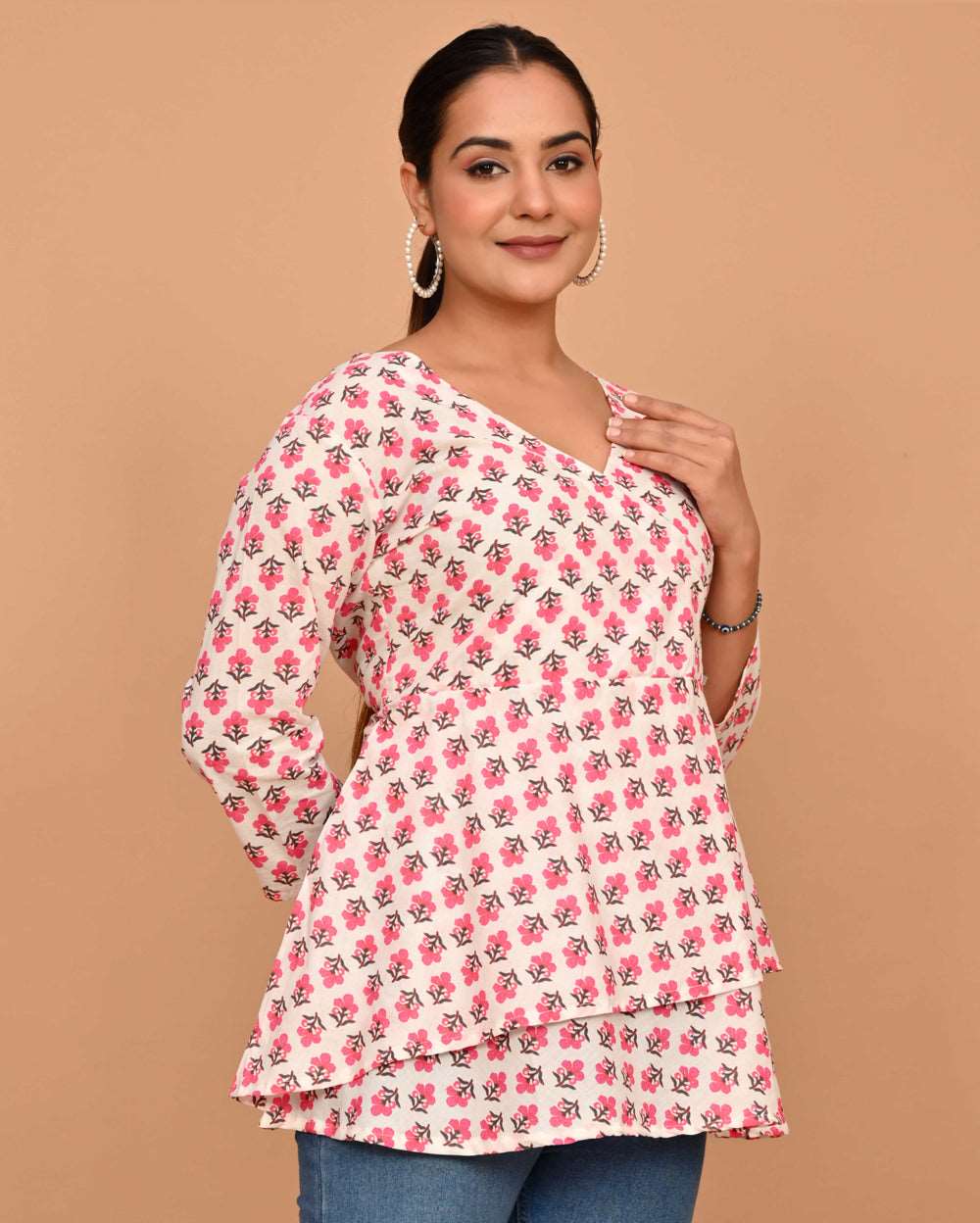 Choti Buti Block Printed Angrakha Style Short Kurti