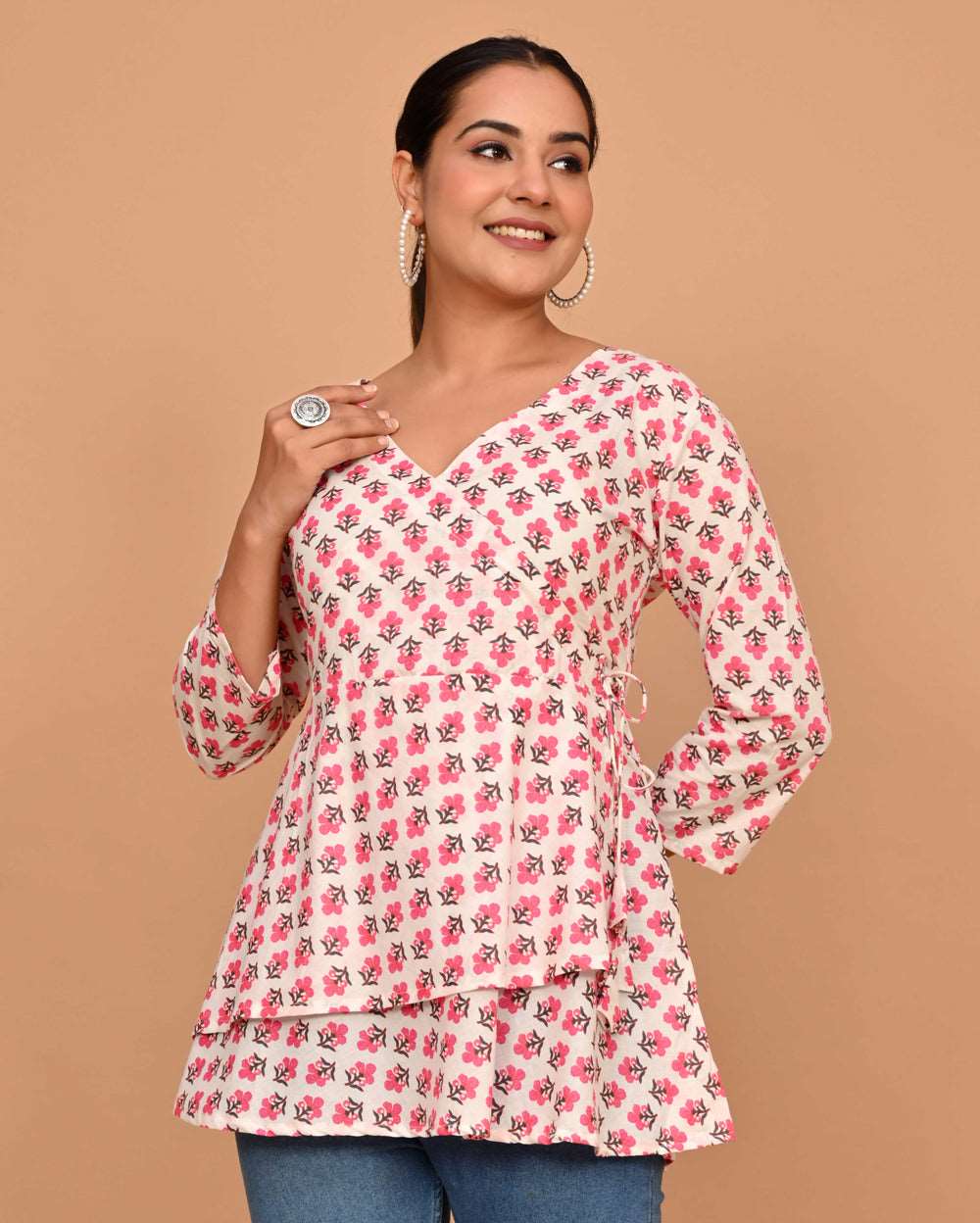 Choti Buti Block Printed Angrakha Style Short Kurti