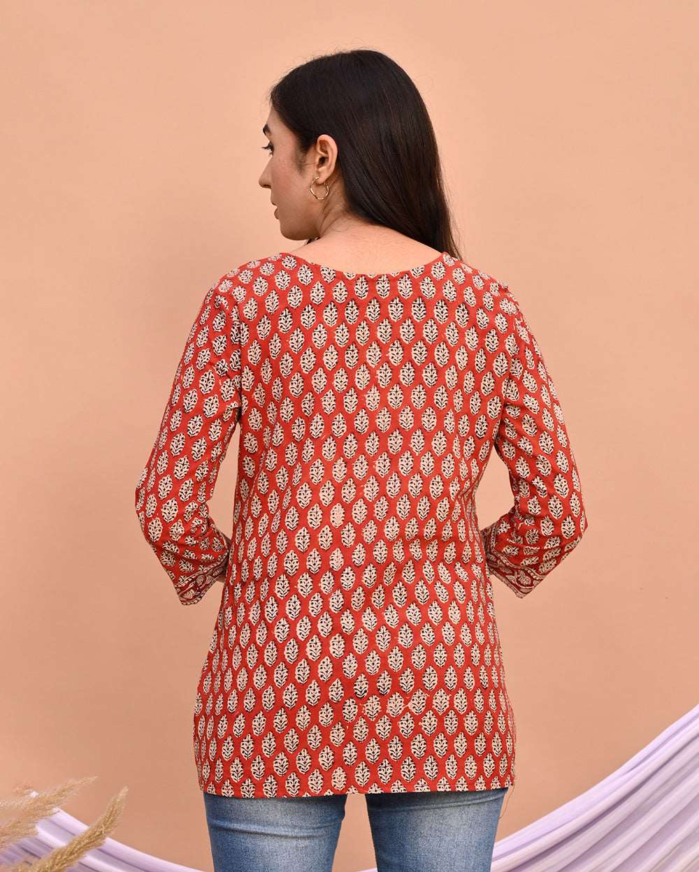 Red Paisley Bagru Hand Block Printed Short Kurti/Top