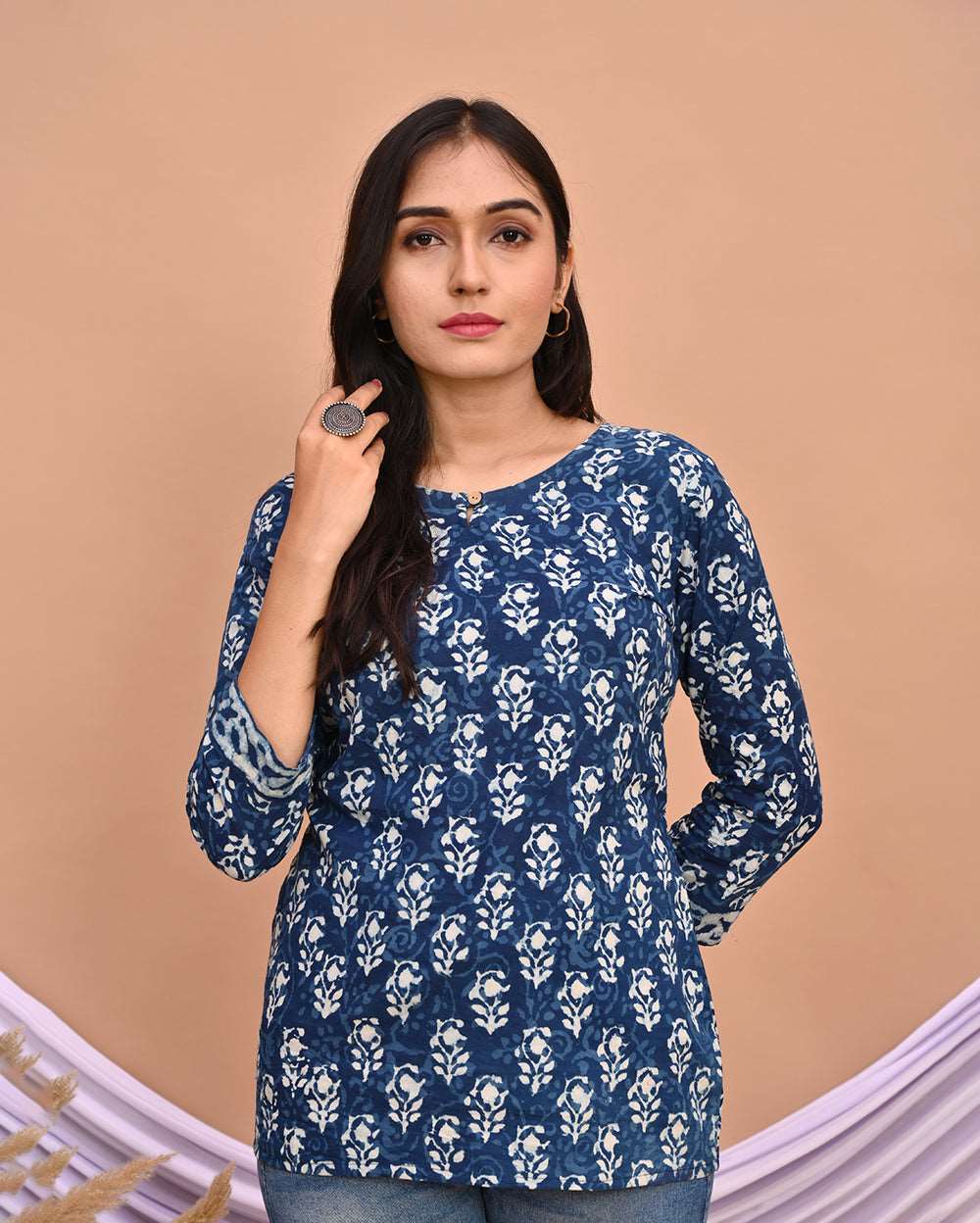 Indigo Blue Paisley Bagru Hand Block Printed Short Kurti/Top