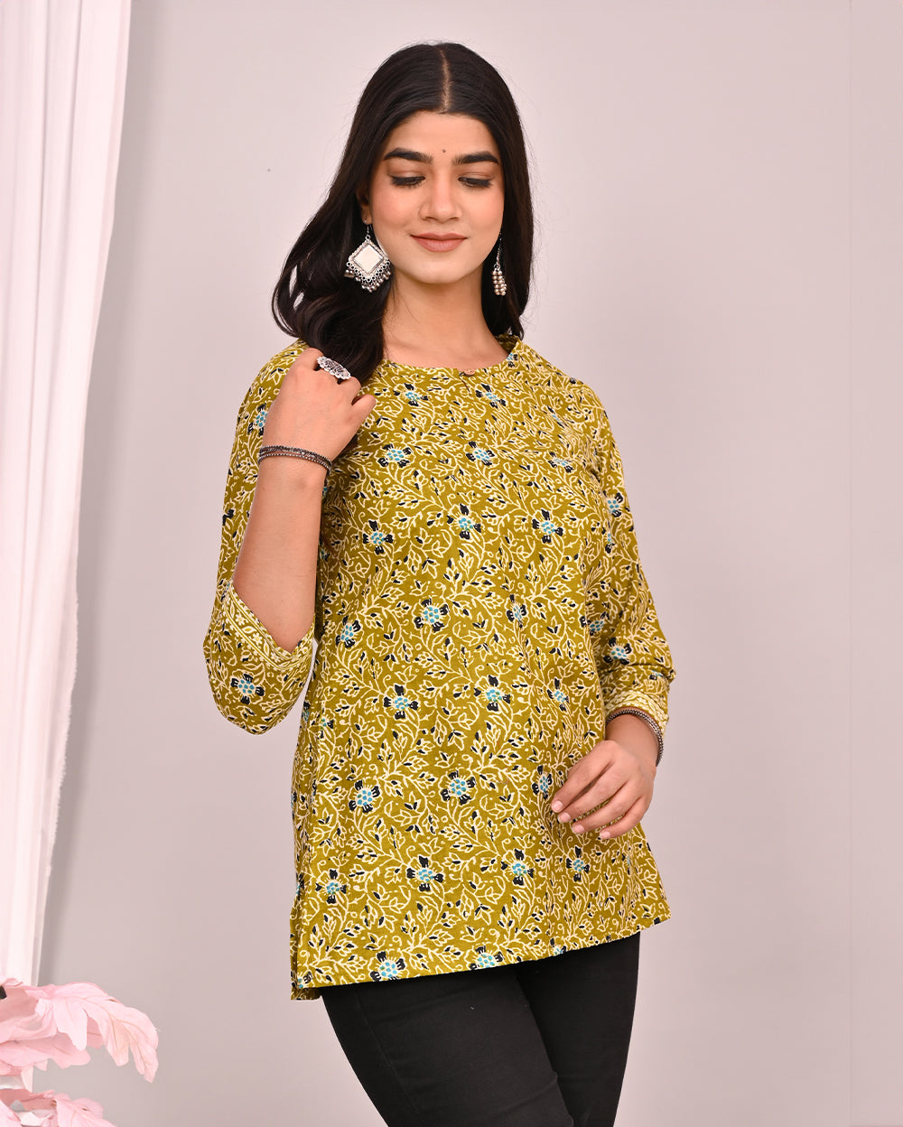 Golden Floral Block Printed Short Kurti Top Fabru