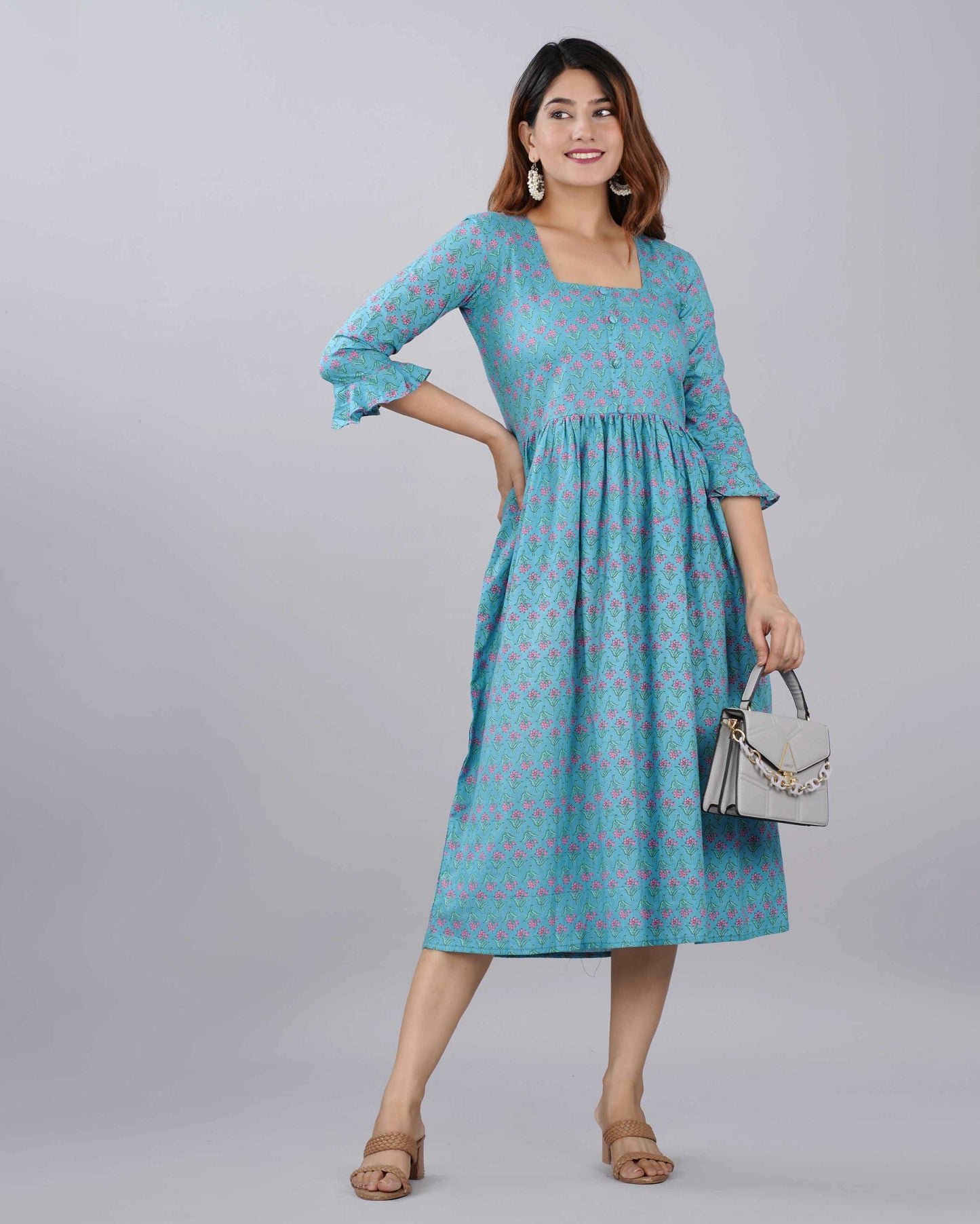 Sky Blue Floral Hand block Printed Cotton Dress