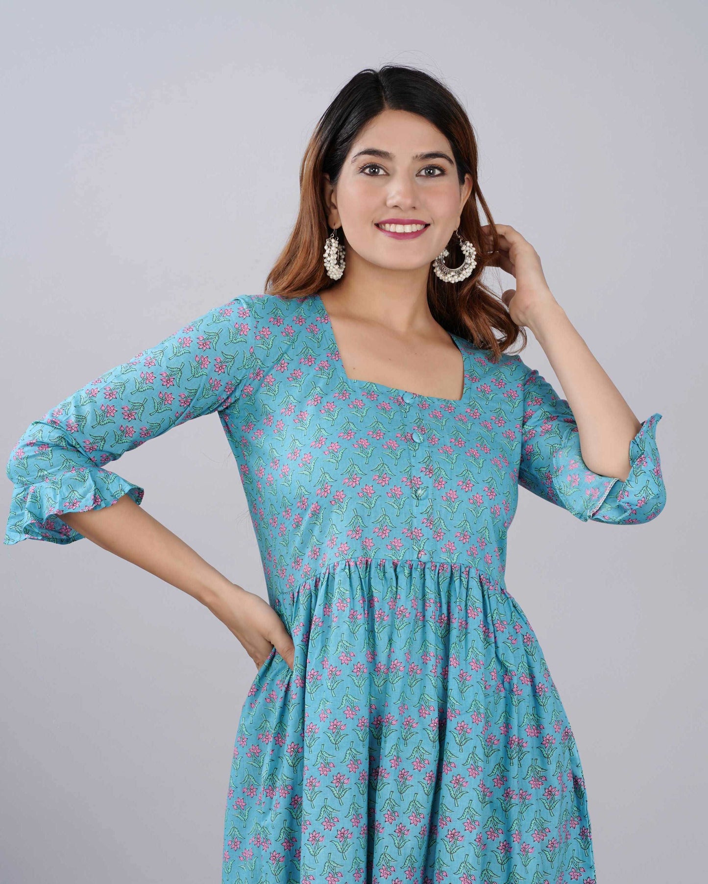 Sky Blue Floral Hand block Printed Cotton Dress