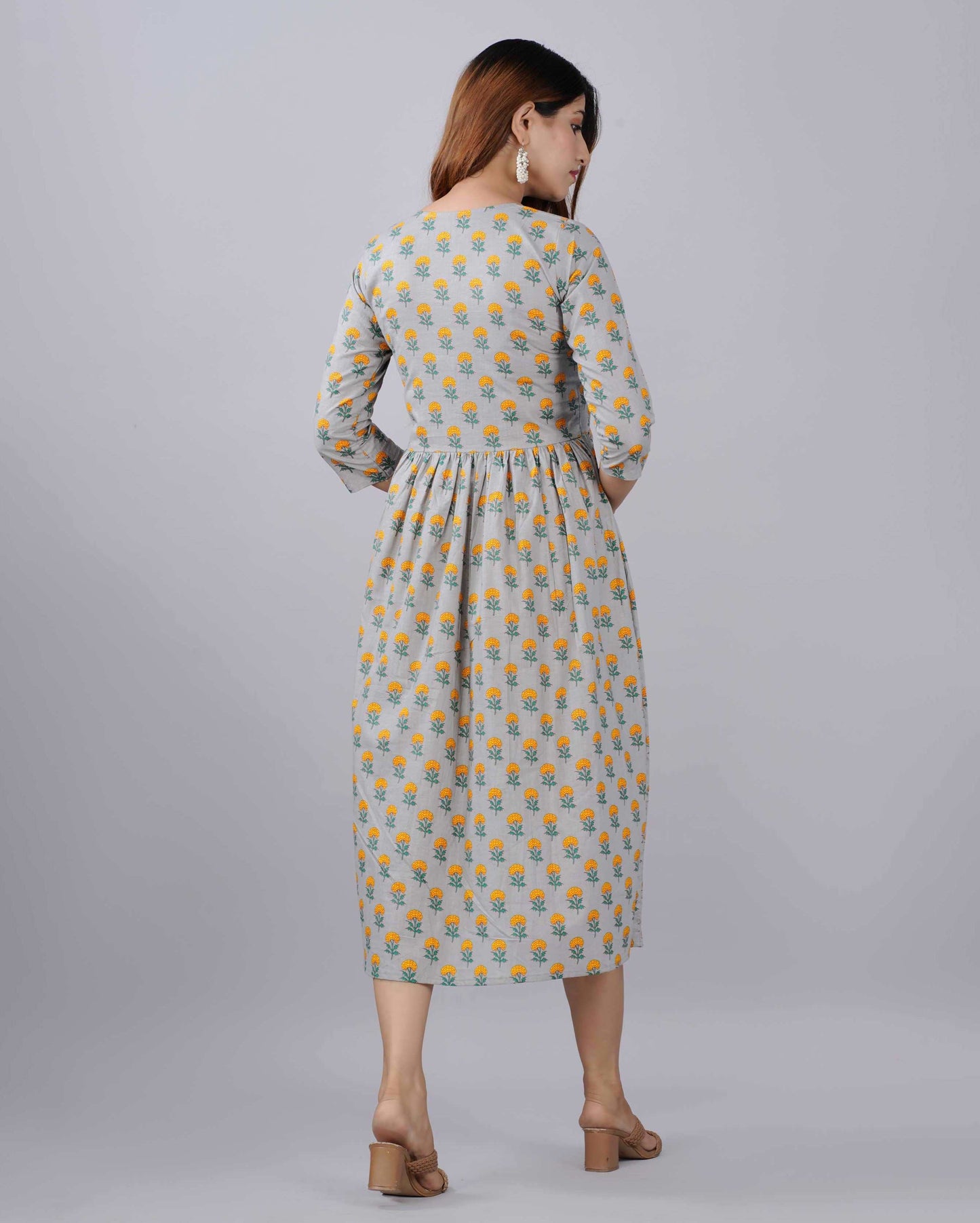 Gray Floral Hand block Printed Cotton Dress