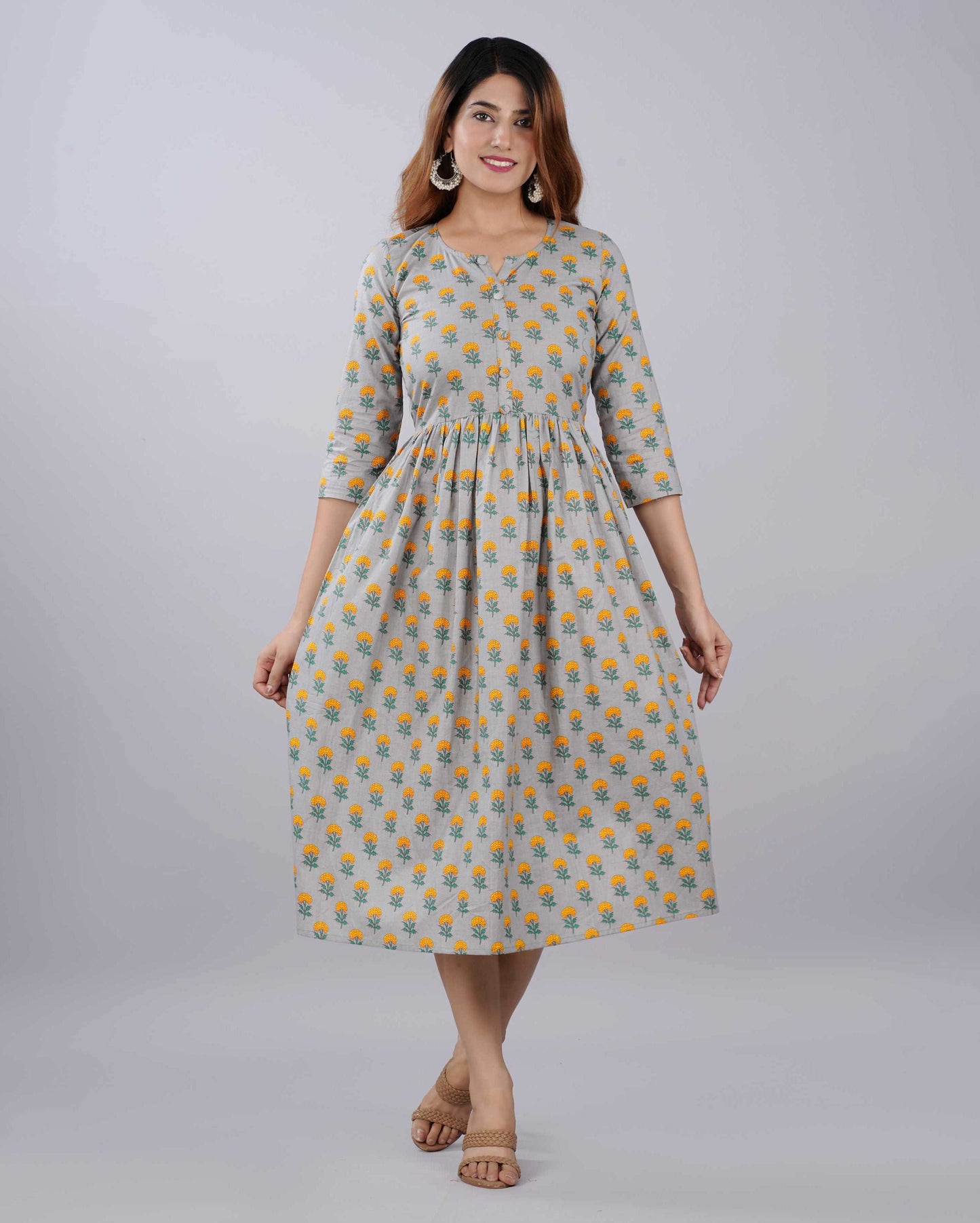 Gray Floral Hand block Printed Cotton Dress