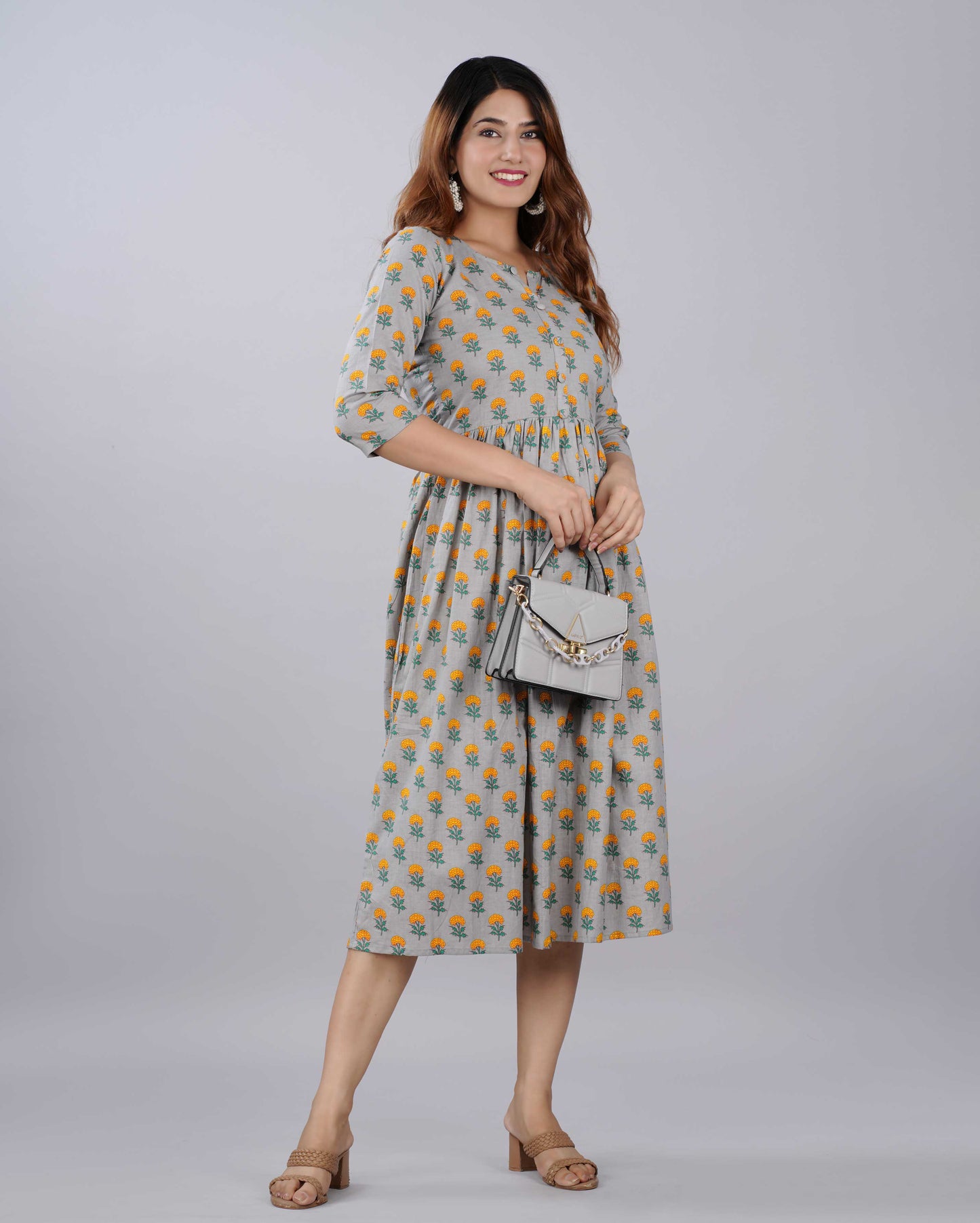 Gray Floral Hand block Printed Cotton Dress
