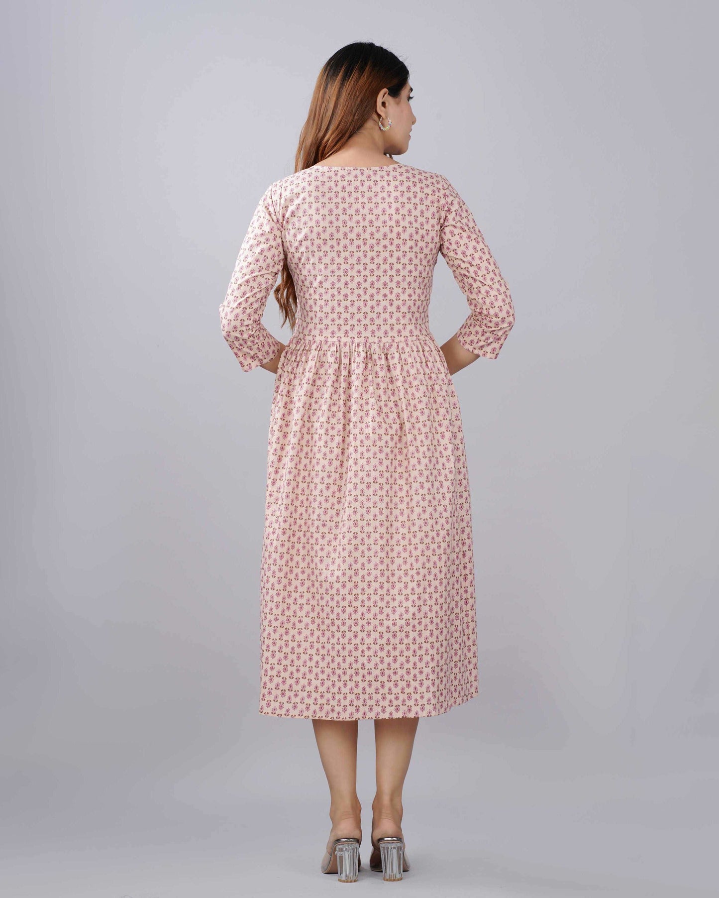 Peach Floral Hand block Printed Cotton Dress