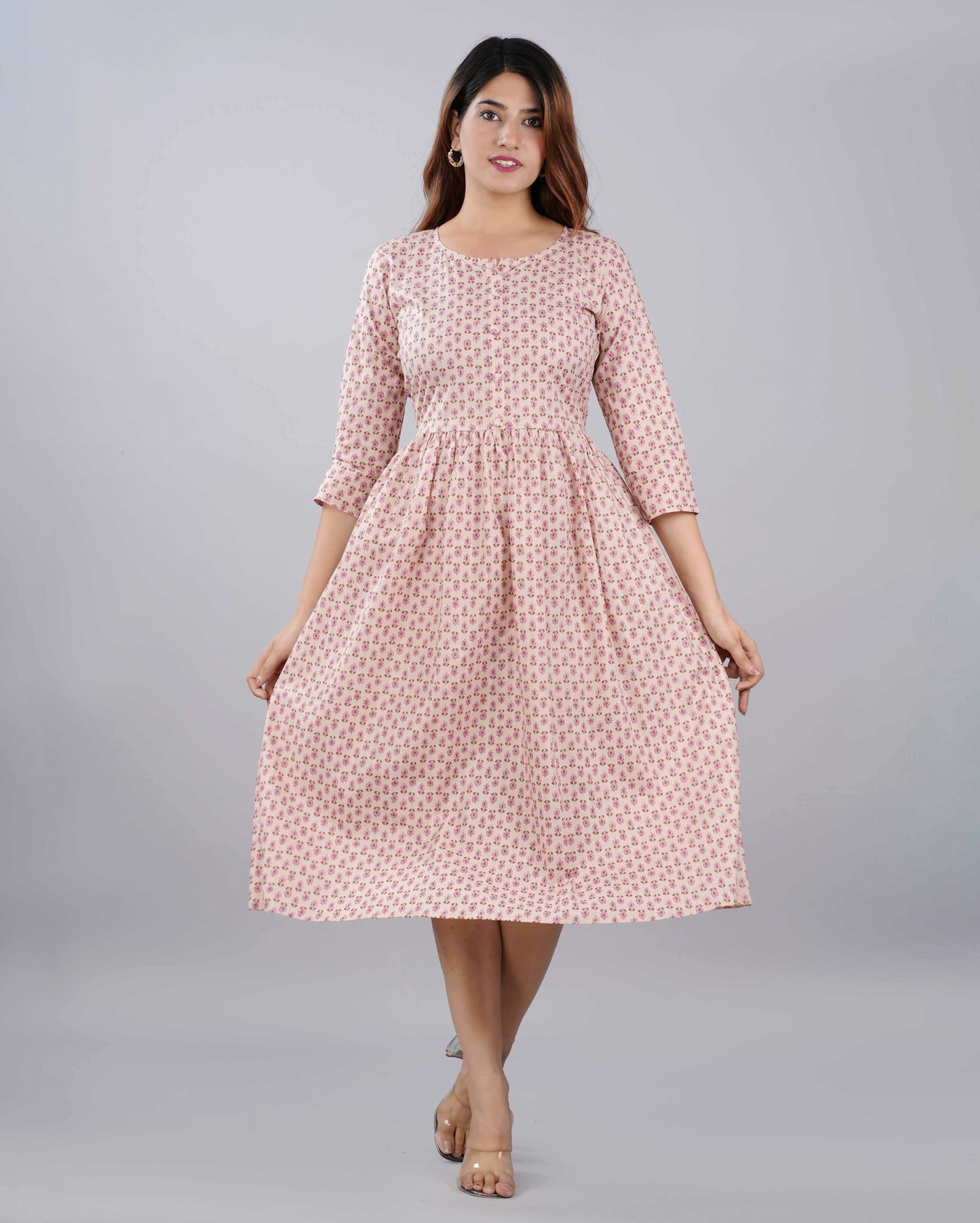 Peach Floral Hand block Printed Cotton Dress