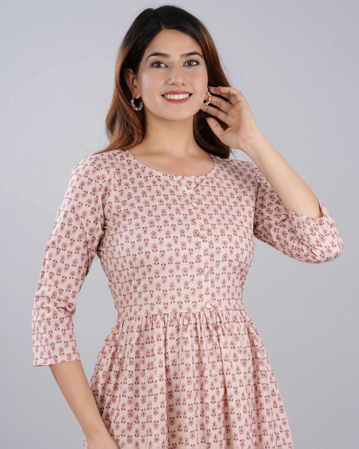 Peach Floral Hand block Printed Cotton Dress