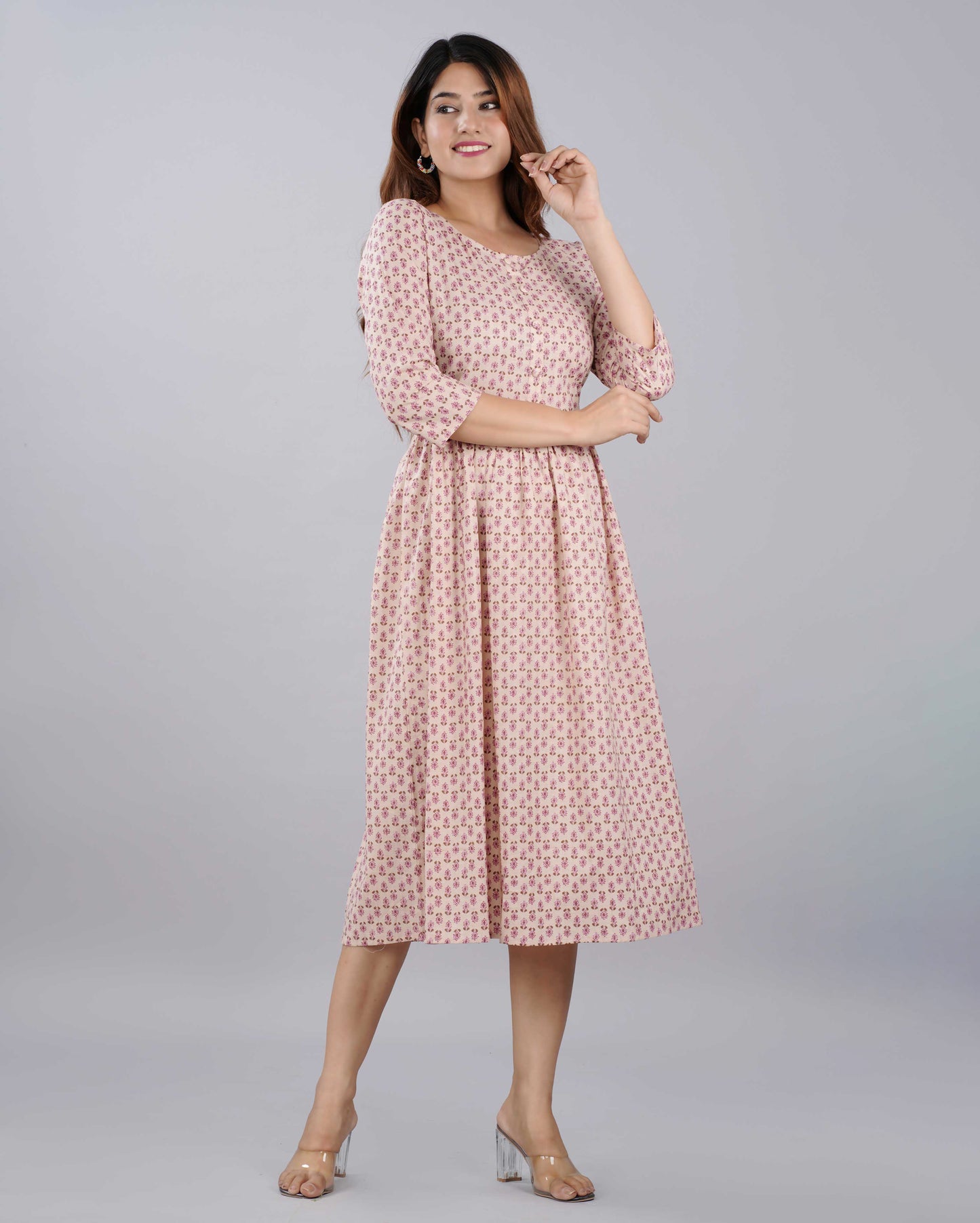 Peach Floral Hand block Printed Cotton Dress