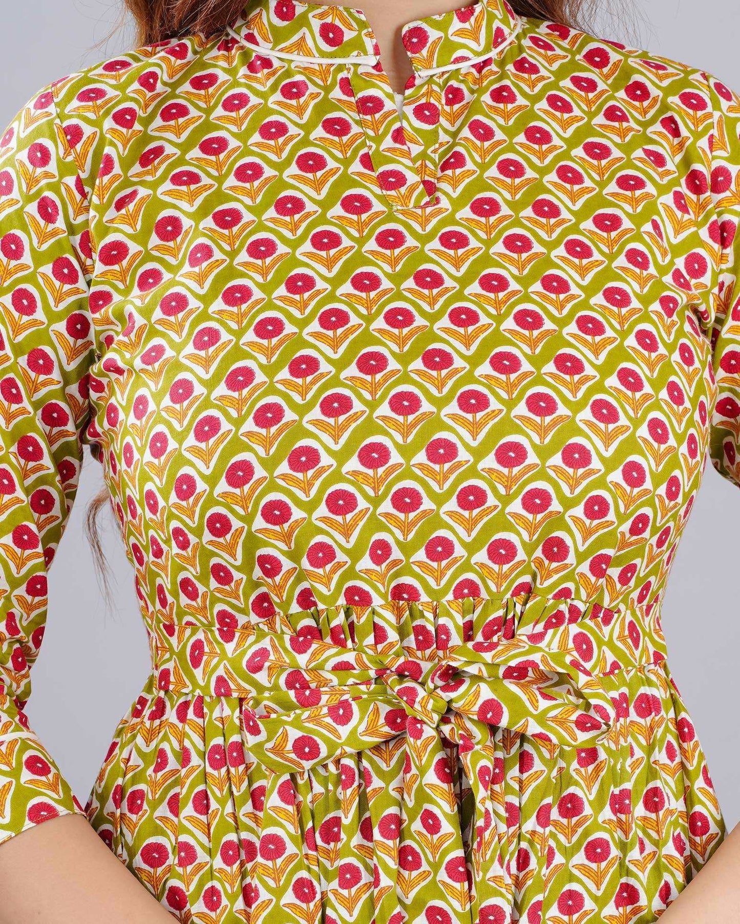 Green Red Floral Hand block Printed Cotton Dress