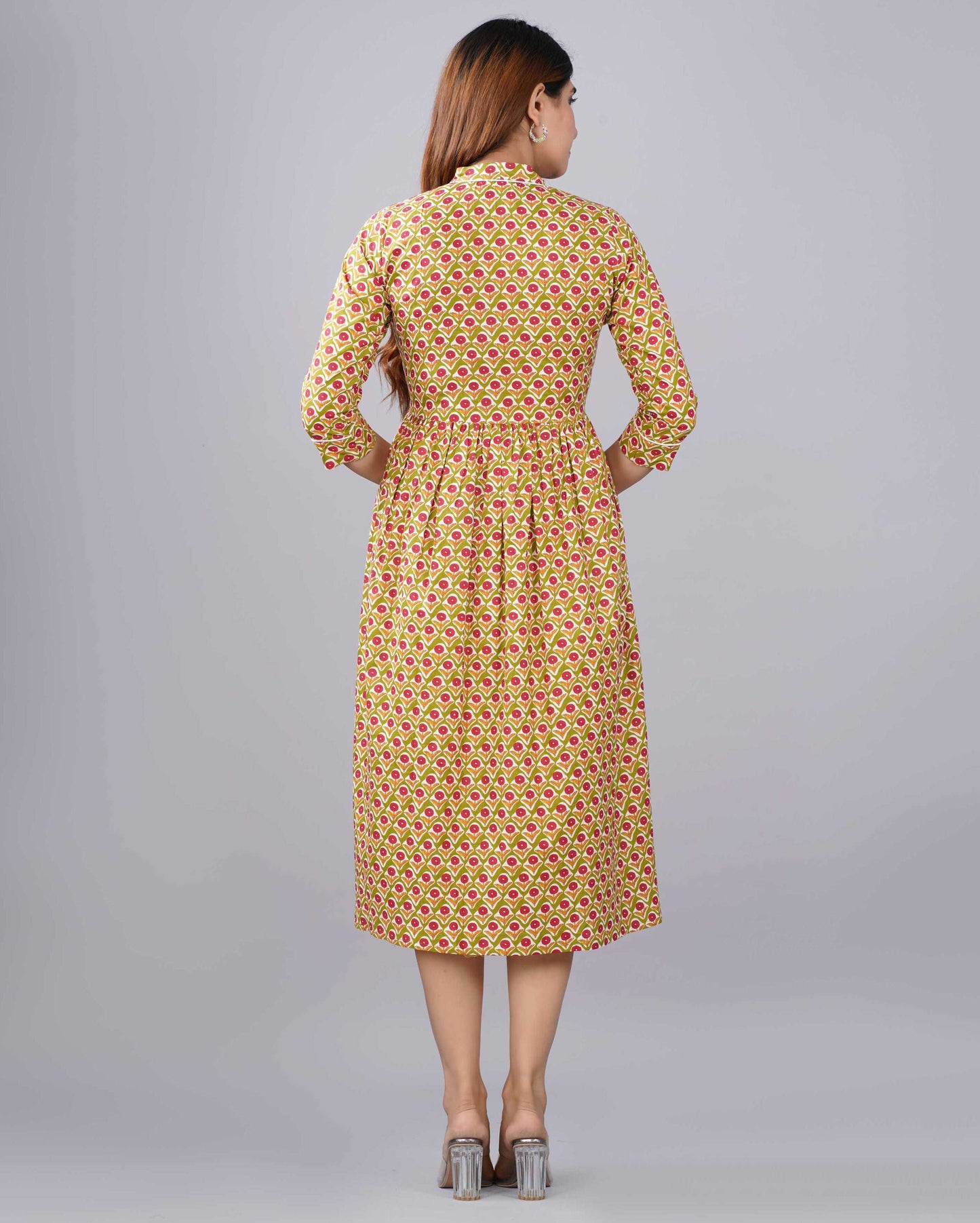 Green Red Floral Hand block Printed Cotton Dress