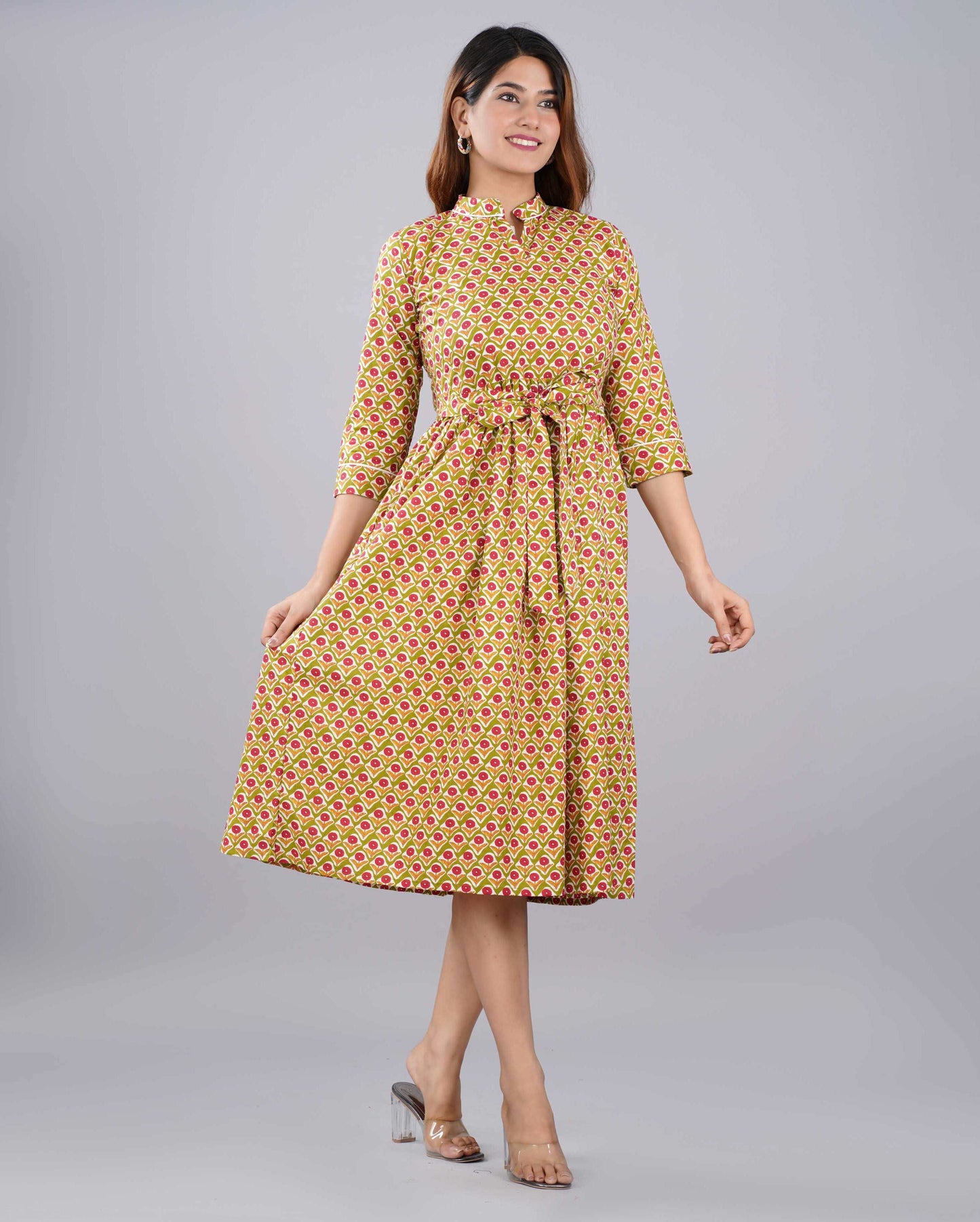 Green Red Floral Hand block Printed Cotton Dress