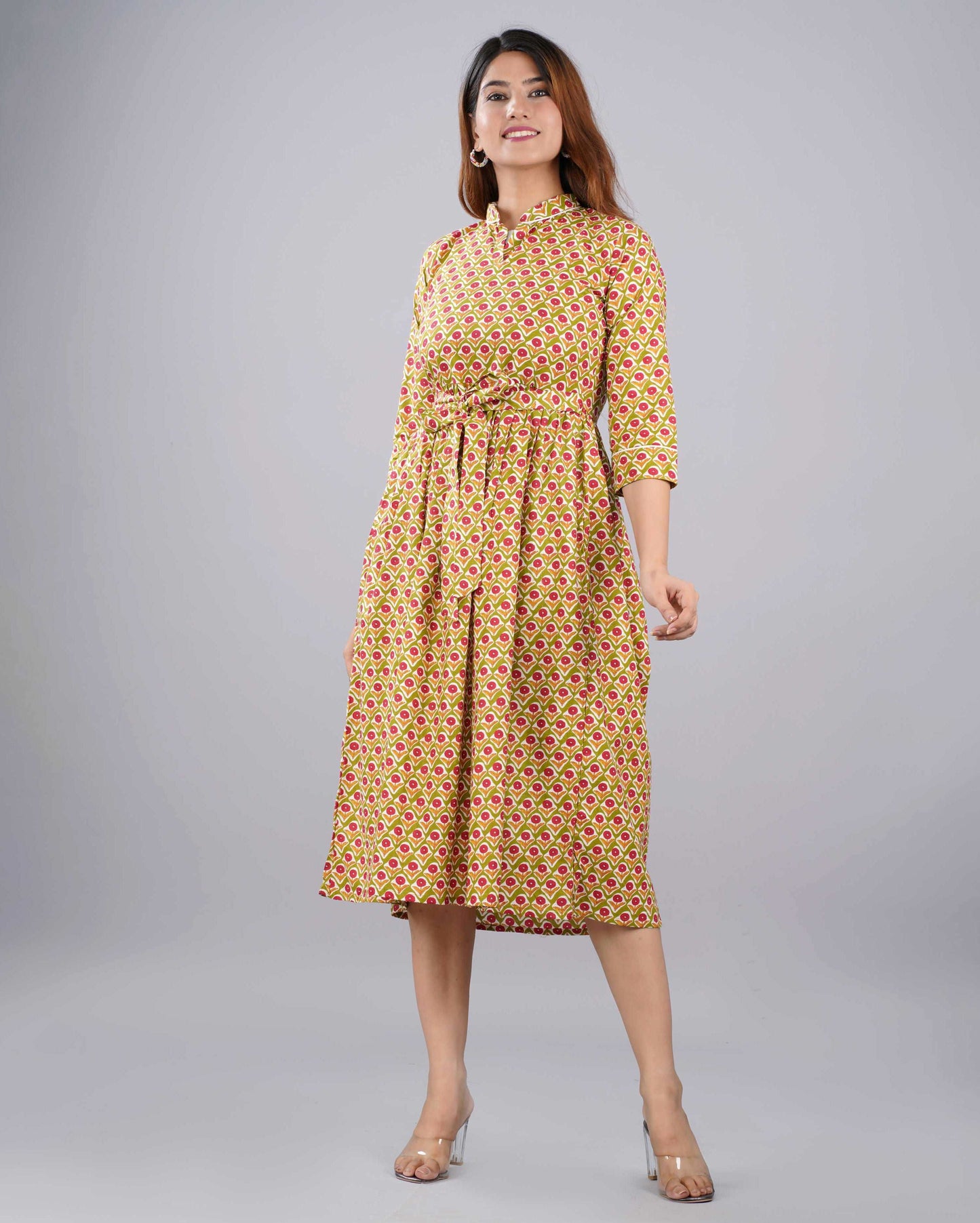 Green Red Floral Hand block Printed Cotton Dress