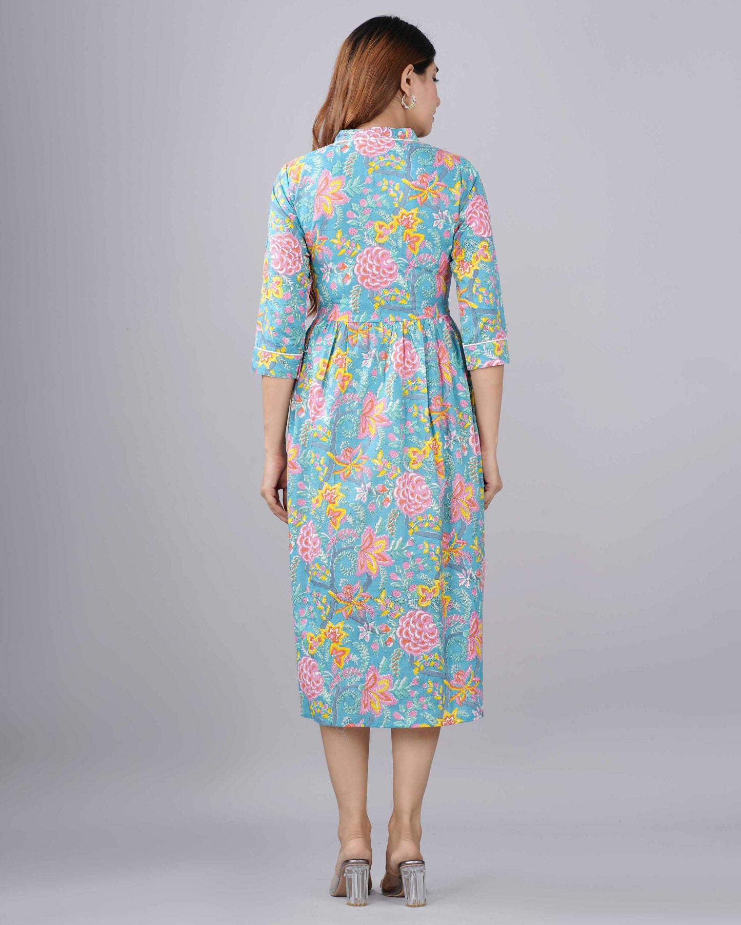 Multi Color Floral Hand block Printed Cotton Dress