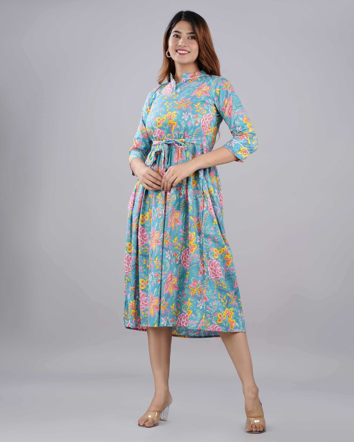 Multi Color Floral Hand block Printed Cotton Dress