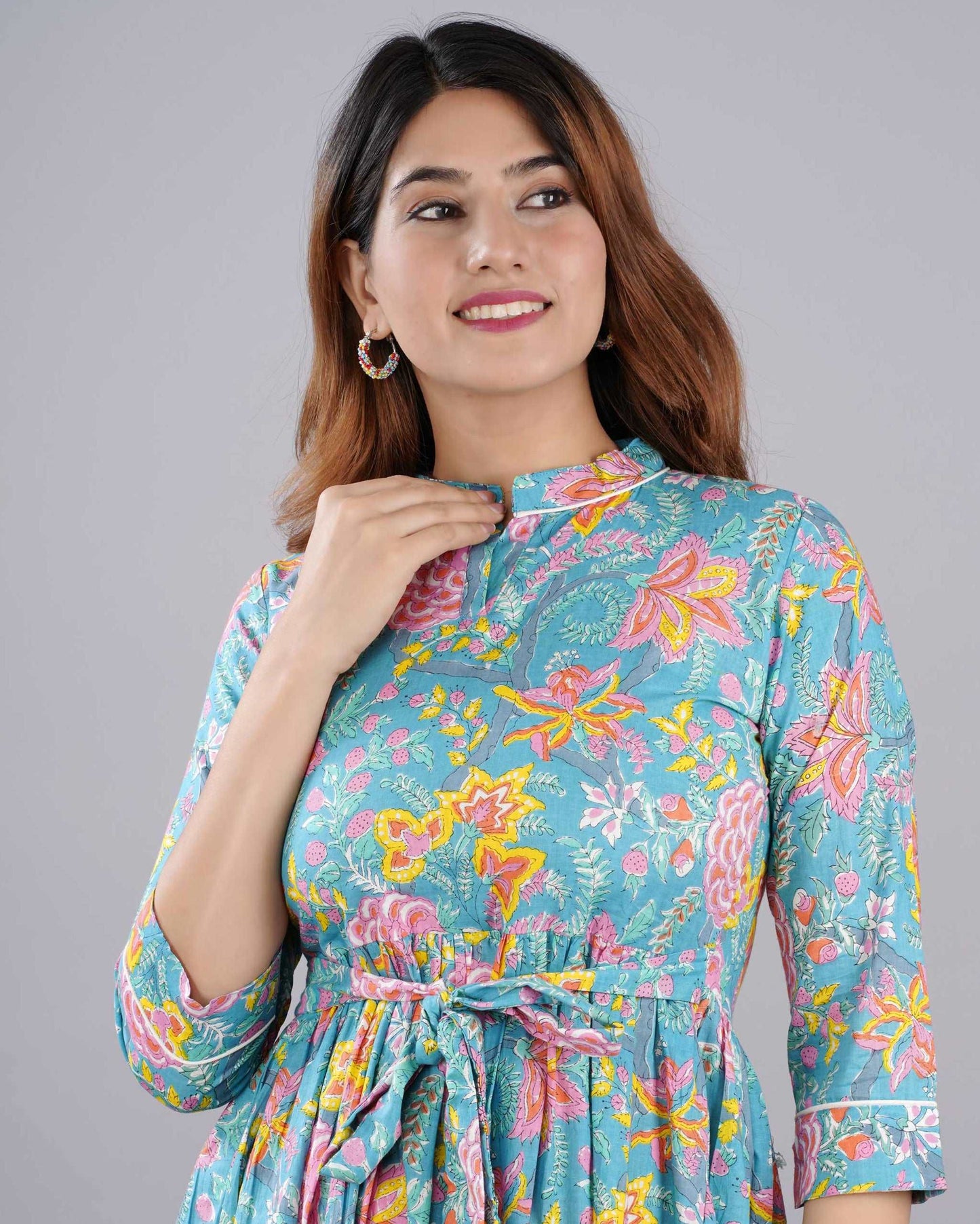 Multi Color Floral Hand block Printed Cotton Dress