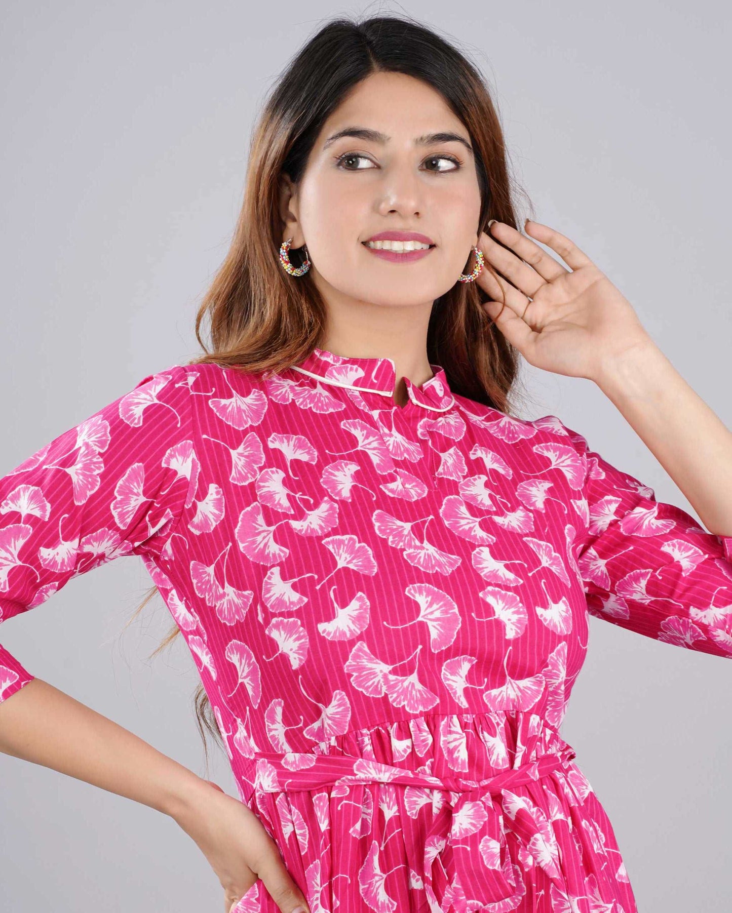 Dark Pink Floral Hand block Printed Cotton Dress