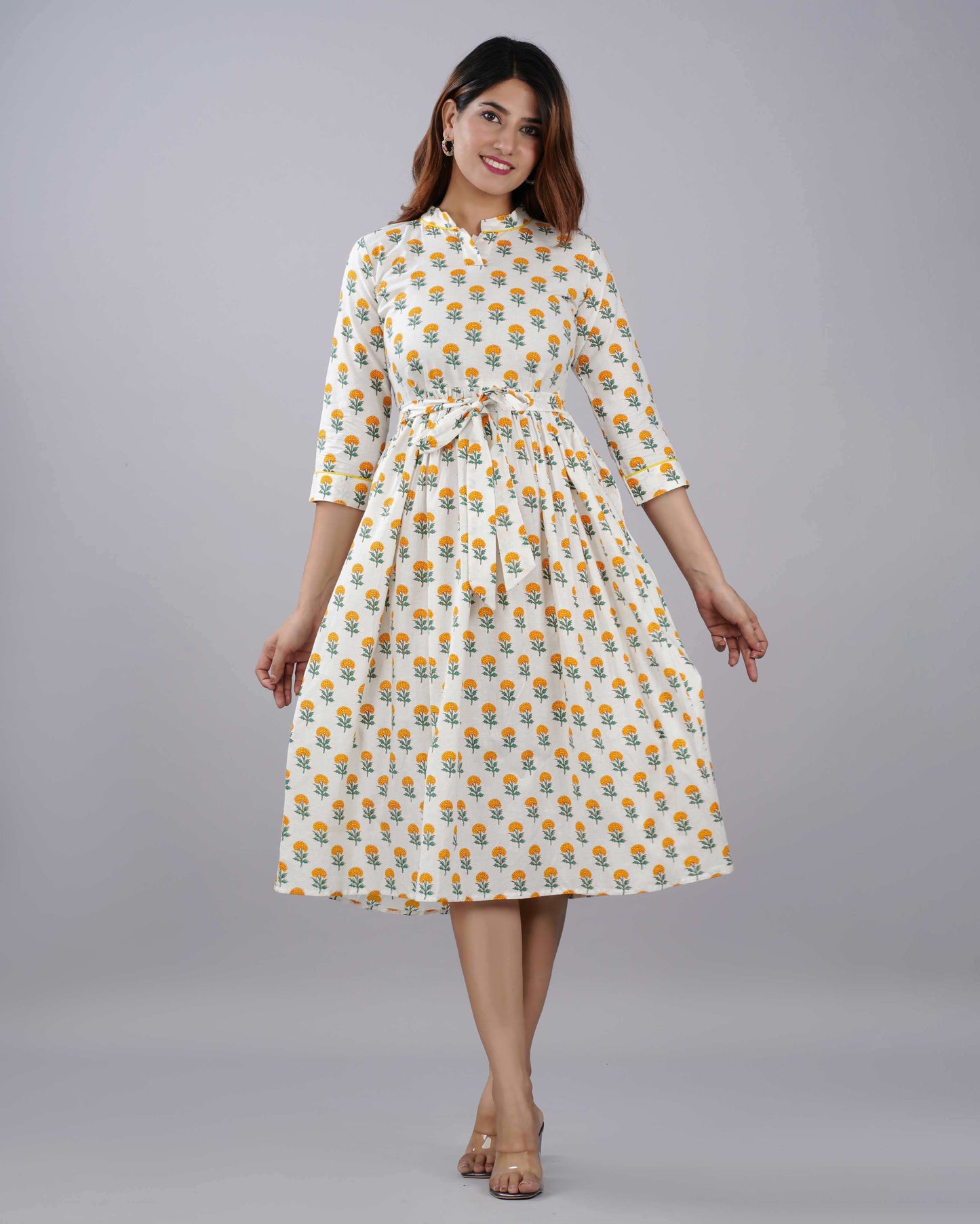 White Floral Hand Block Printed Cotton Dress