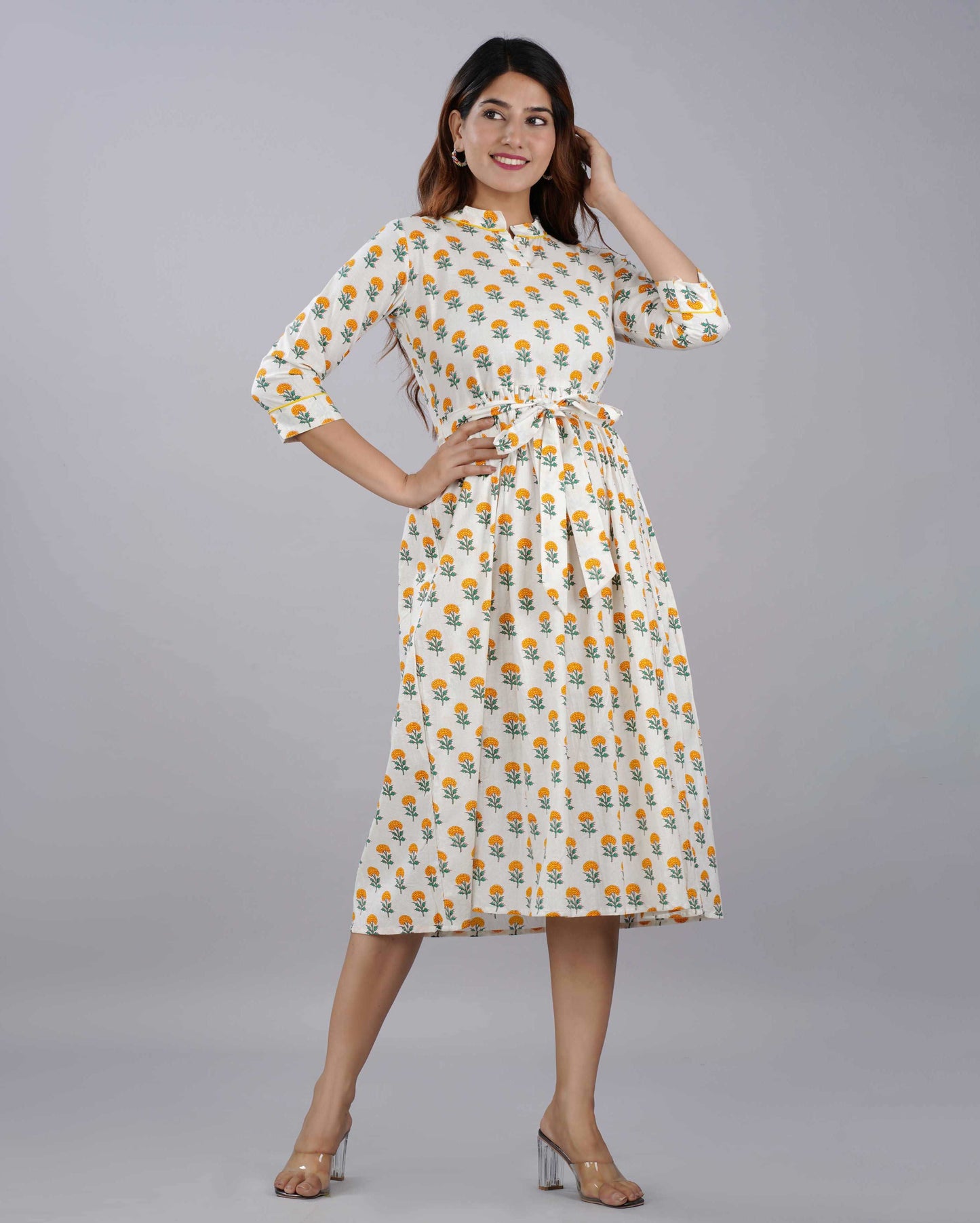 White Floral Hand Block Printed Cotton Dress
