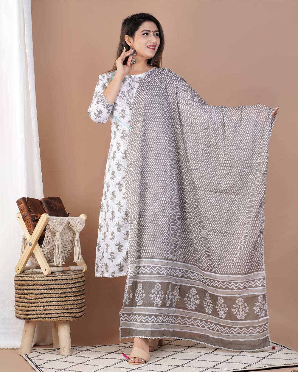 White Gray Dabu Printed Cotton Suit Set With Gota Work On Neck and Dupatta