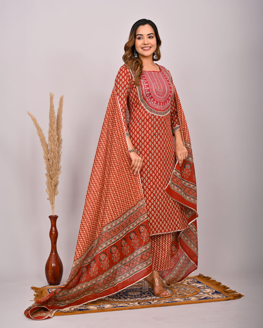 Embroidery Printed Cotton Suit Set With Dupatta