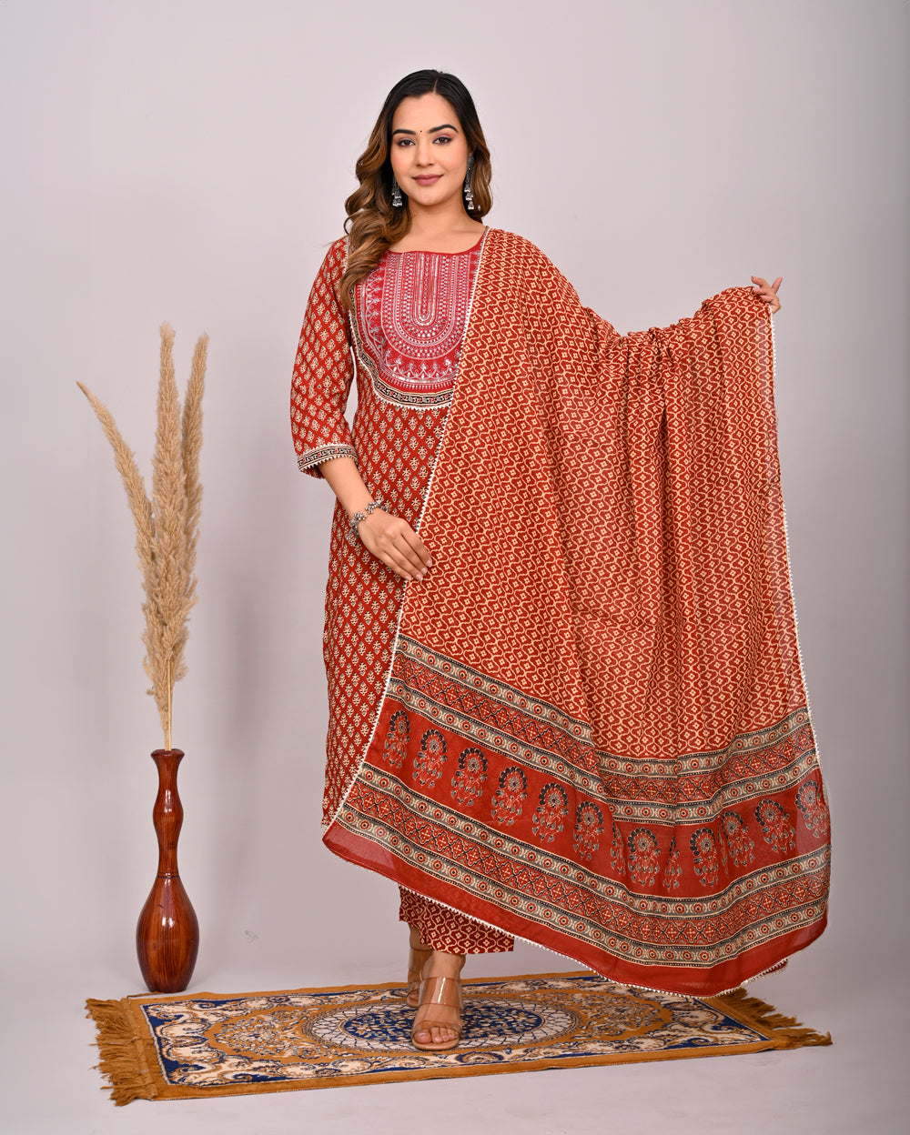 Embroidery Printed Cotton Suit Set With Dupatta