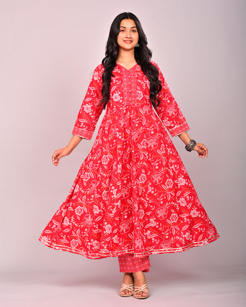 Red Floral Printed Cotton Anarkali Suit Set With Dupatta