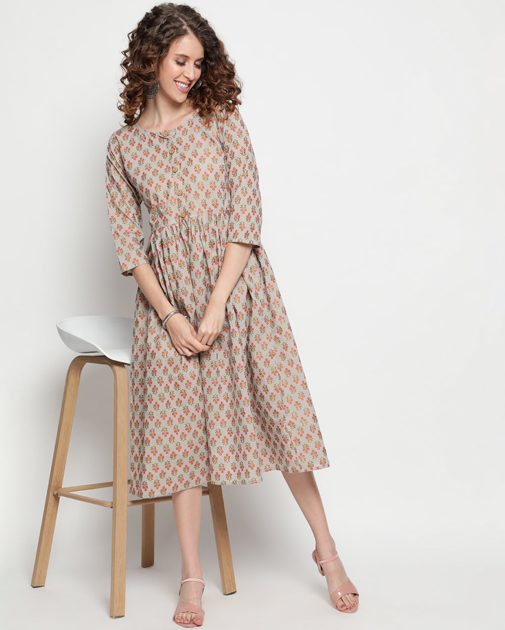 Gray Paisley Hand block printed Cotton Dress