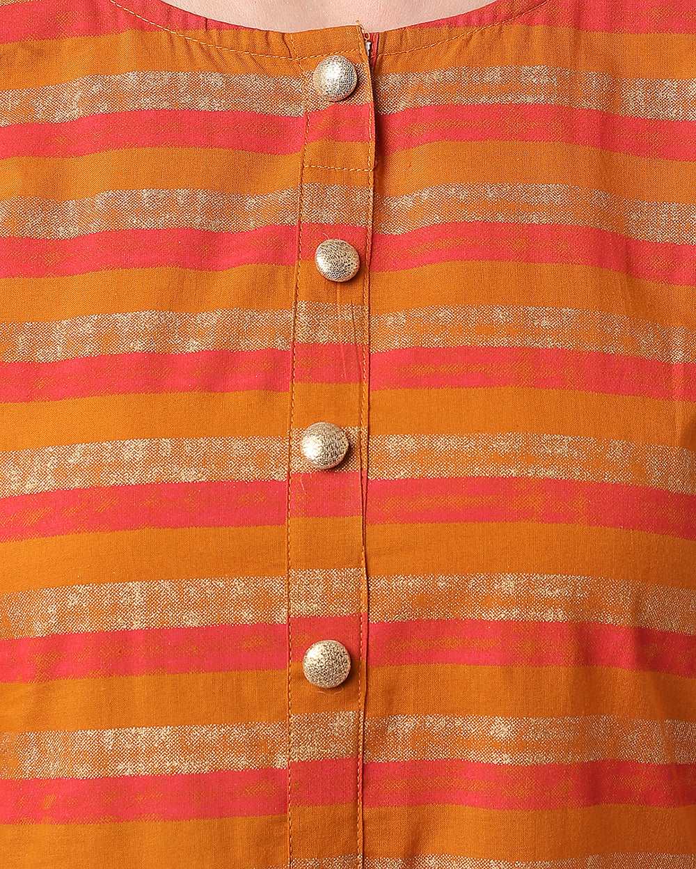 Mustard With Orange Striped Hand block Printed Cotton Dress