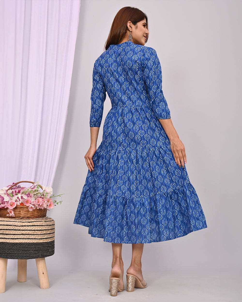 Indigo With White Buti Printed Dress