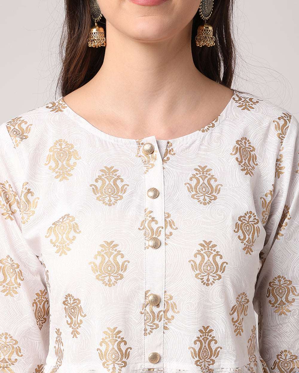 White & Golden Paisley Hand block printed Cotton Dress