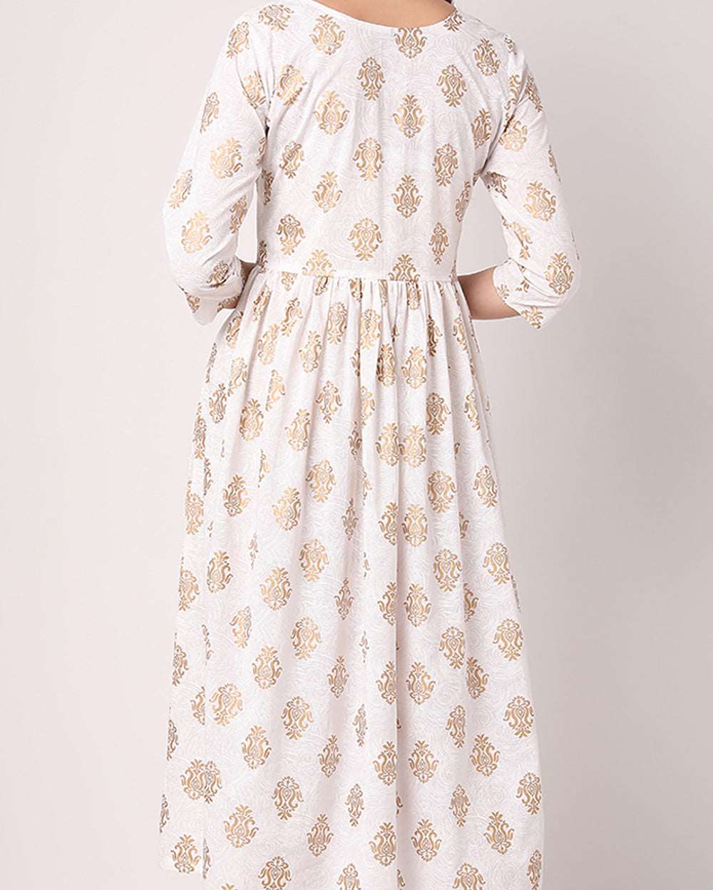 White & Golden Paisley Hand block printed Cotton Dress