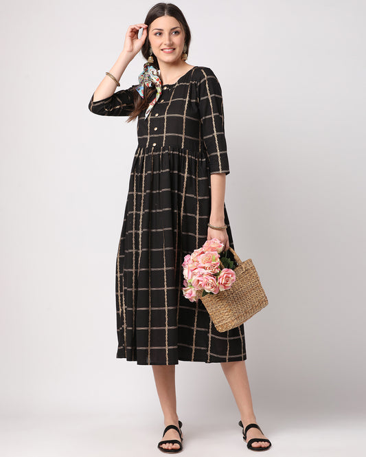 Black With Golden Striped Hand block Printed Cotton Dress