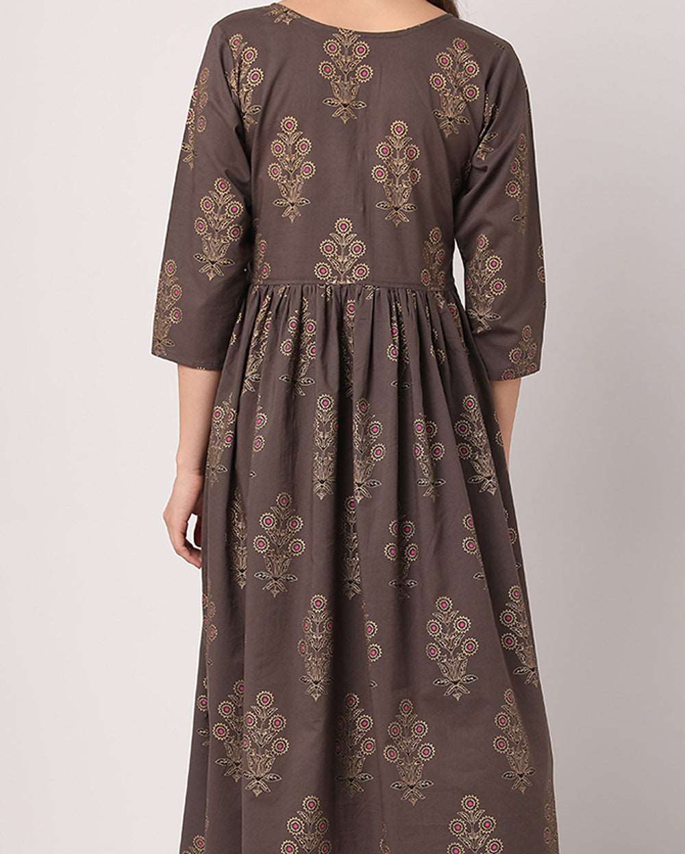 Dark Brown Floral Buti Hand block Printed Cotton Dress