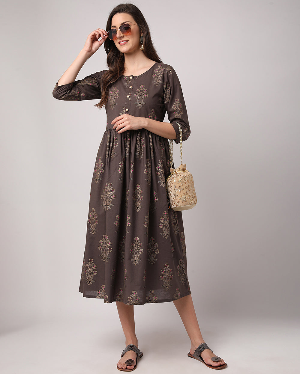 Dark Brown Floral Buti Hand block Printed Cotton Dress