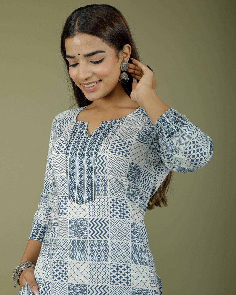 Midnight Blue Checks Hand block Printed Cotton Kurti pant set