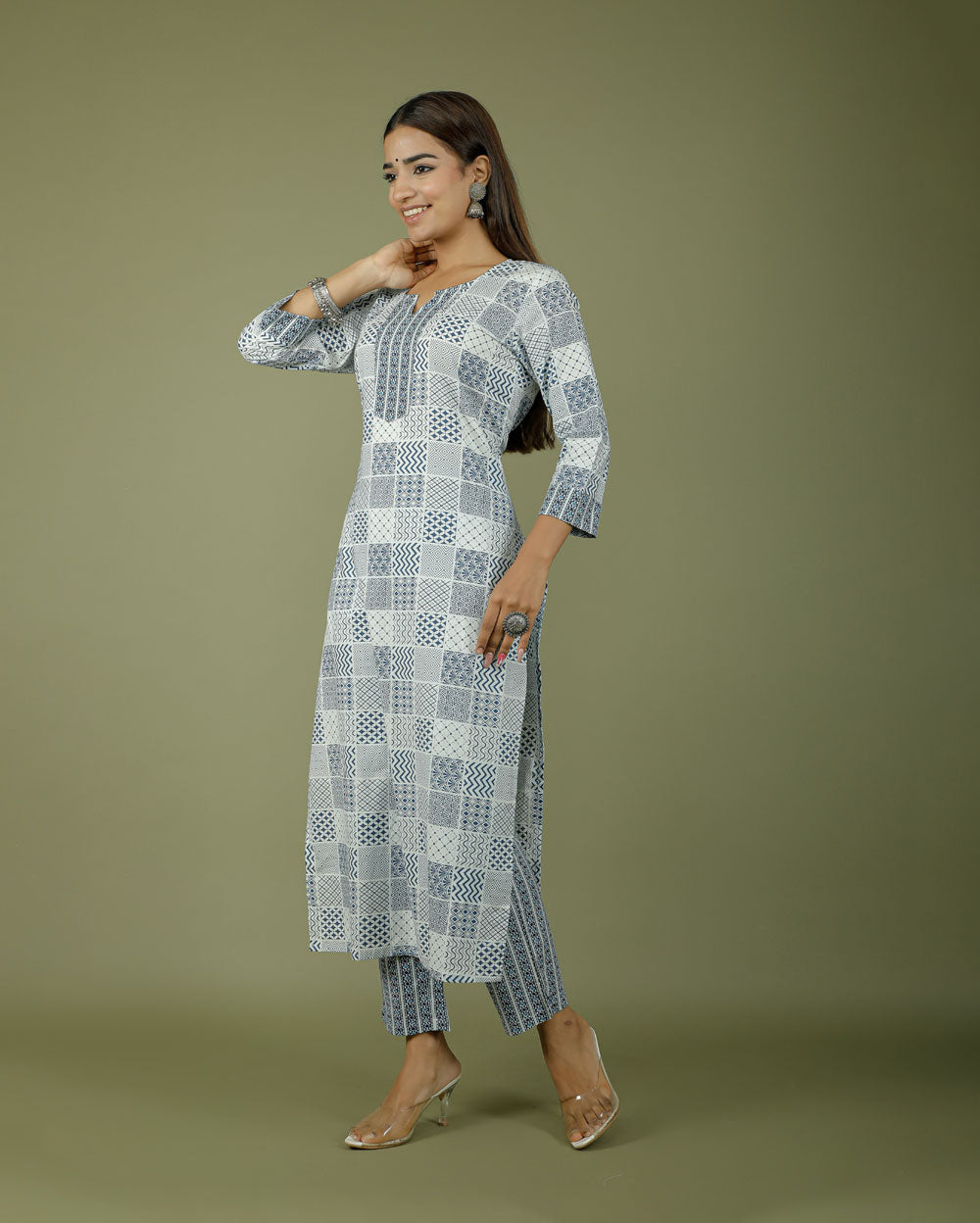 Midnight Blue Checks Hand block Printed Cotton Kurti pant set